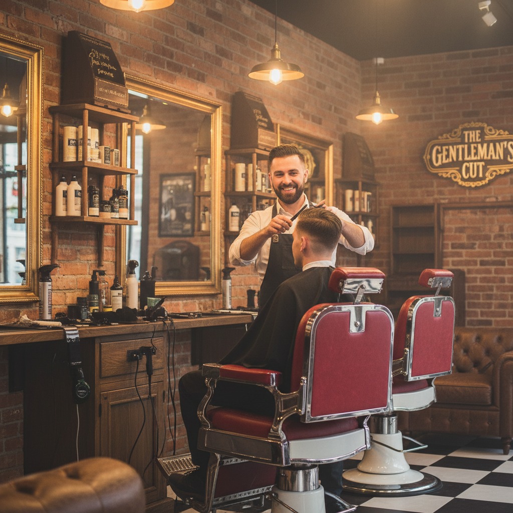 A smiling barber in a black apron trims a seated customer's hair in a vintage barbershop with exposed brick walls and red leather chairs.