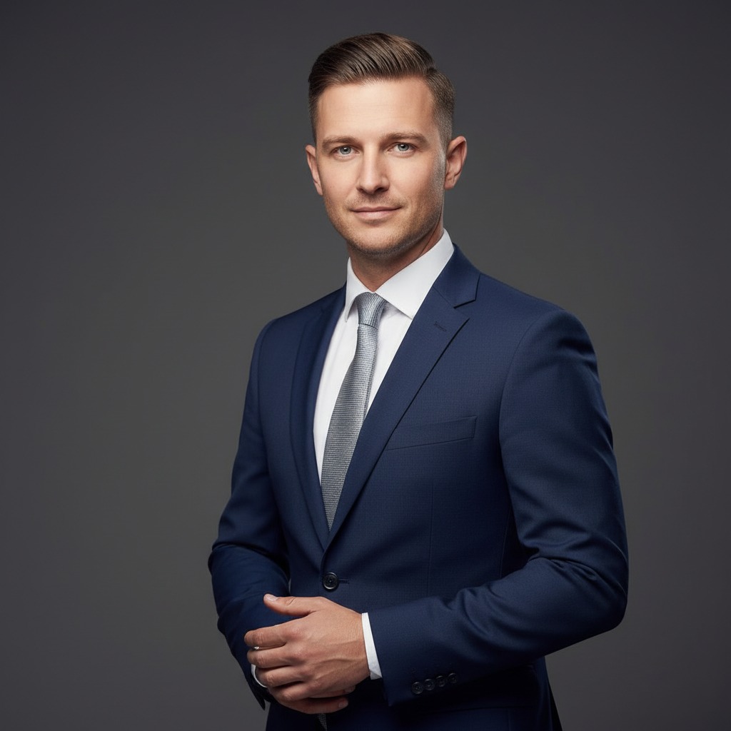 A man in a navy blue suit and gray tie stands against a dark gray background.