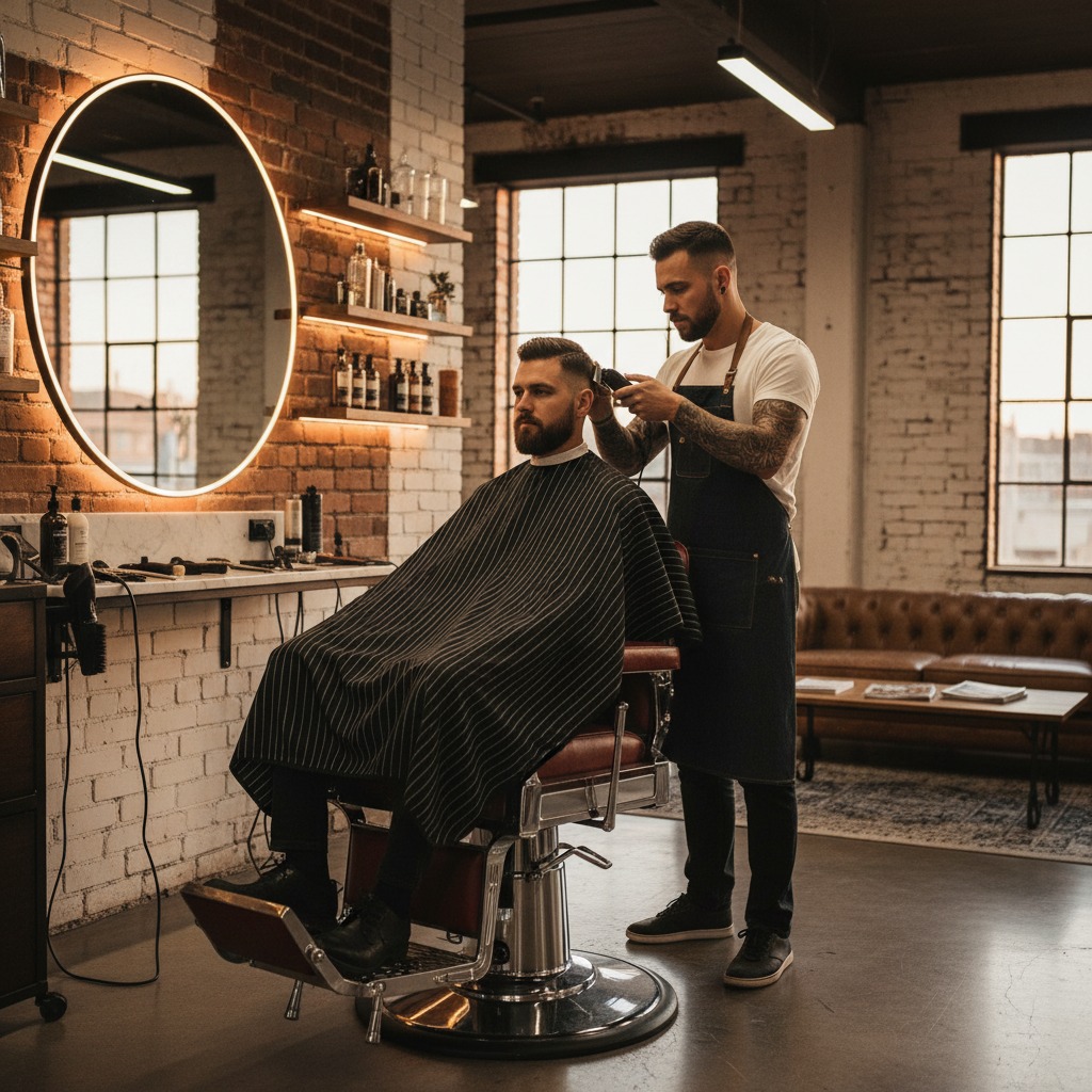 A barber wearing a dark apron uses clippers to trim the hair of a seated male customer wearing a striped cape inside a modern salon with exposed brick walls.